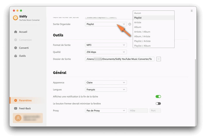 Paramètres de sortie de Sidify YouTube Music Converter pour Mac