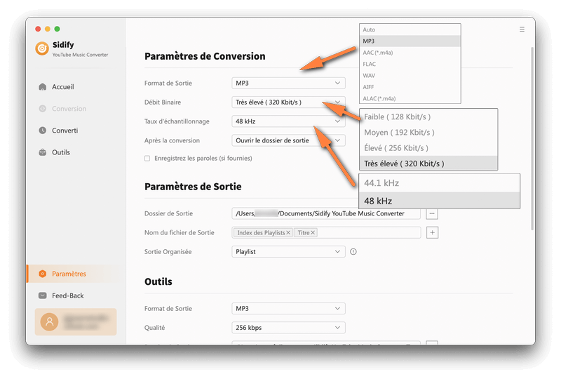 Sélectionner le format de sortie