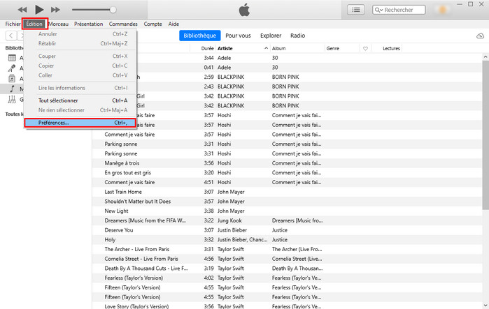 Menu iTunes