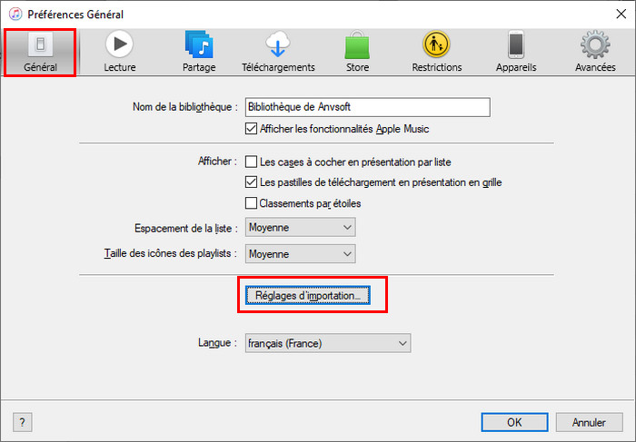 Réglages d'importation