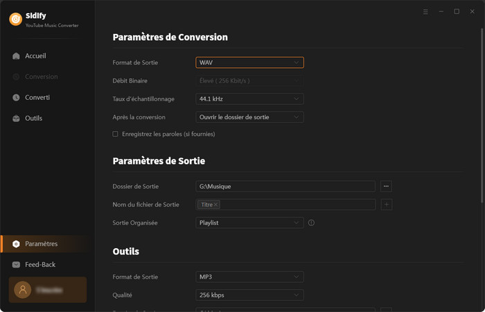 Choisissez le format WAV comme fichier de sortie
