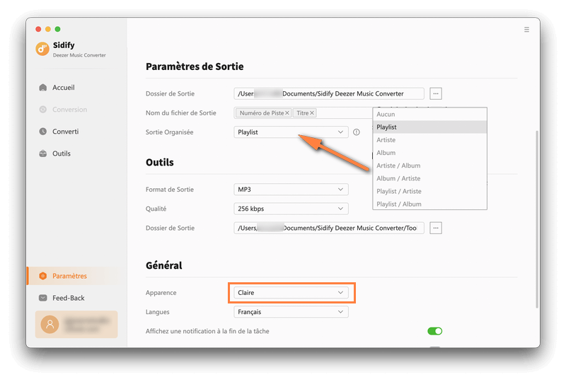 Paramètres généraux de Sidify Deezer Music Converter pour Mac