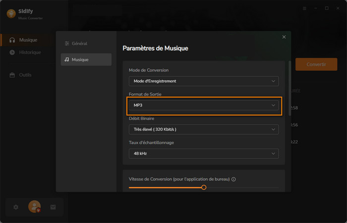 Ajustez le format de sortie dans la fenêtre des paramètres