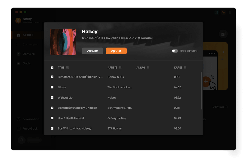 Glisser les chansons et playlists à partir de Spotify